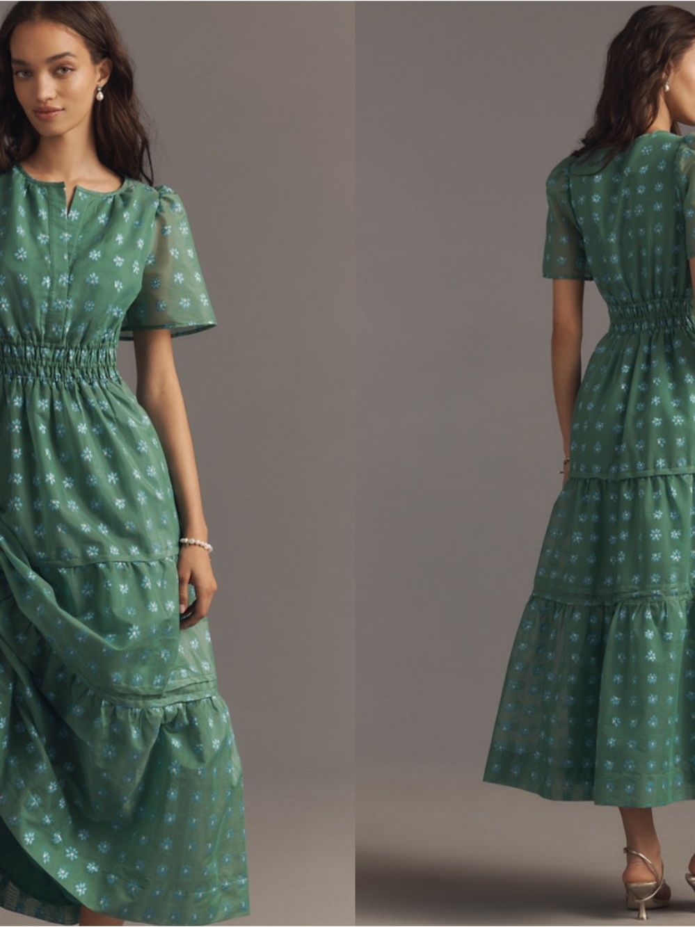 Anthropologie Green Tiered Maxi Dress with Smocked Waist